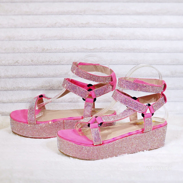 Pazzle Pink 2" Platform Harness Strap Sparkling Iridescent Rhinestone Sandals - Totally Wicked Footwear