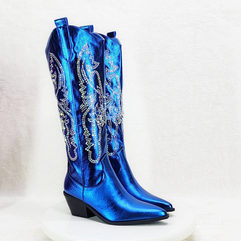 Razzle Metallic Blue Country Western Cowgirl Knee Boot Rhinestone Dazzle - Totally Wicked Footwear
