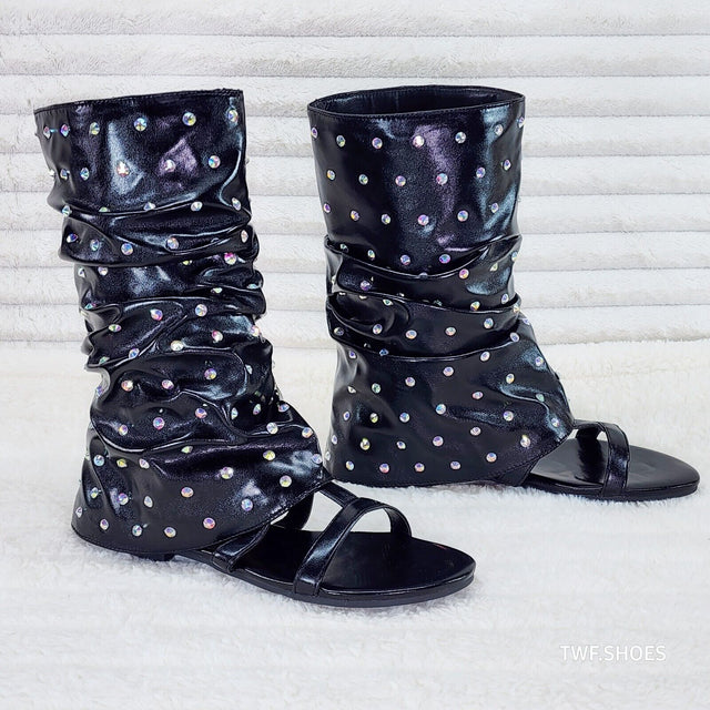 Fabulous Metallic Black Upper & Rhinestones Sandal Slouch Boots Shooties - Totally Wicked Footwear