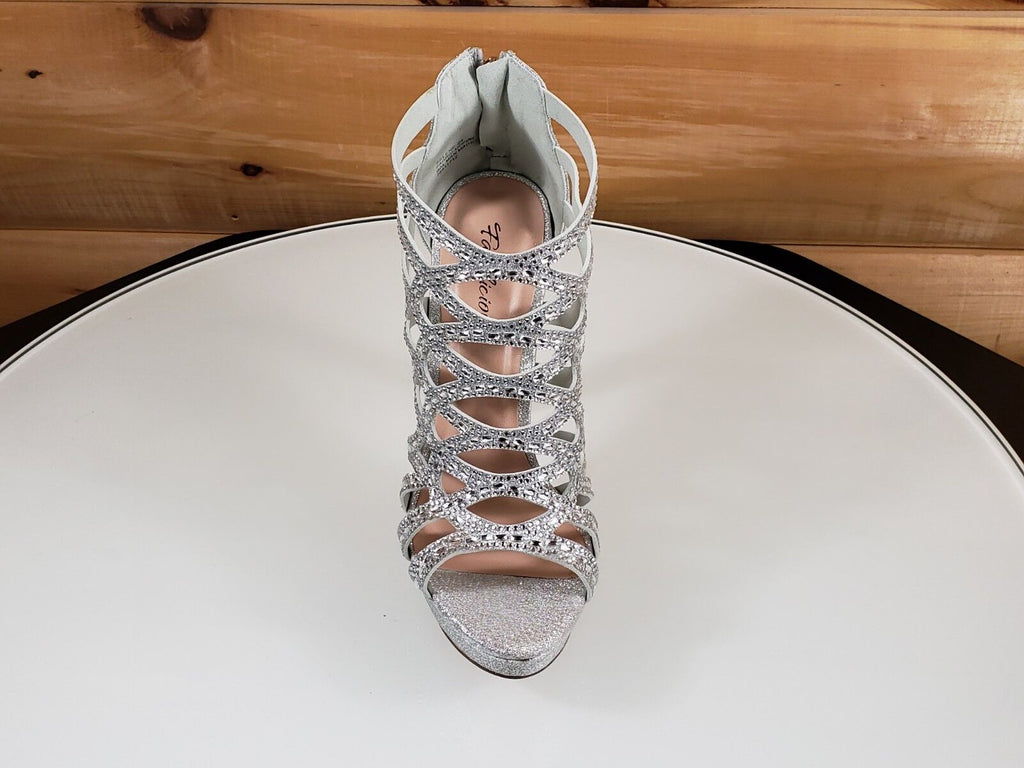 SELENE 4.5" High Heel Platform Shoe Cutout Cage Rhinestones Shimmery Silver NY - Totally Wicked Footwear