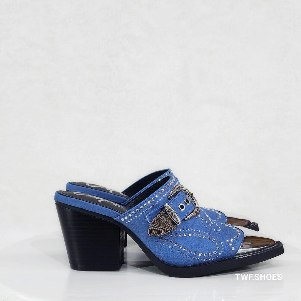 Vive Western Slip On Mules Blue Denim Rhinestones Metal Toe Guard Design - Totally Wicked Footwear