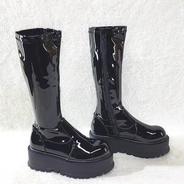 Slacker 200 65 Black Patent Platform Wedge Heel Knee Boots NY DEMONIA - Totally Wicked Footwear