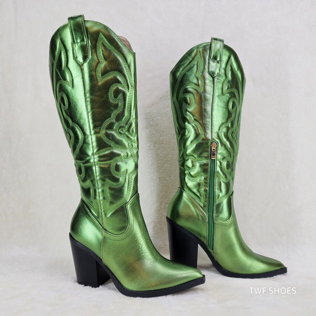 Electric Cowboy Brush Metallic Matte Western Knee High Cowgirl Boots Green - Totally Wicked Footwear