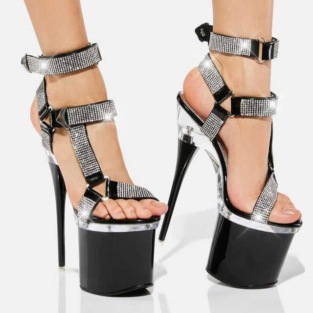 Bulls Black Slim Stiletto 8" Heel Rhinestone Harness Strap Platform Shoes - Totally Wicked Footwear