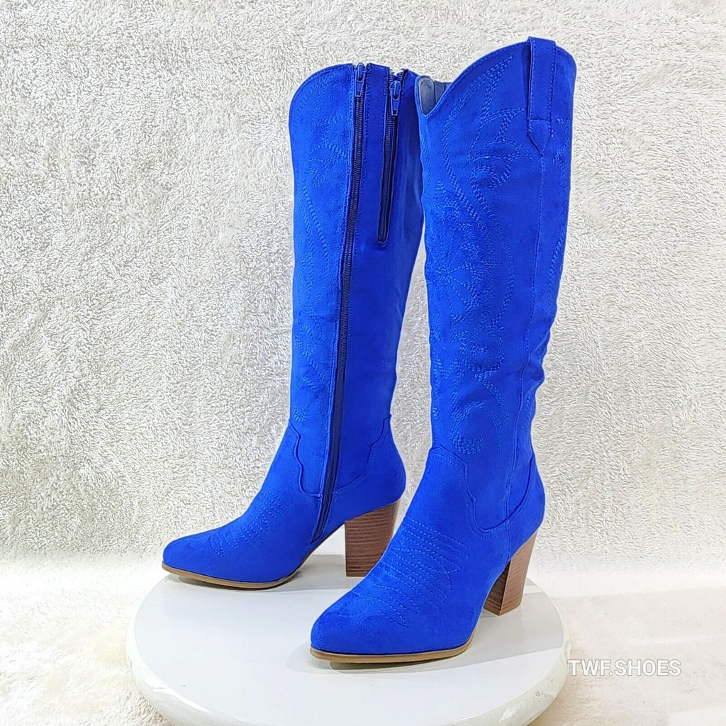 Wild Ryder Bright Deep Blue Faux Suede Country Western Cowgirl Boots - Totally Wicked Footwear
