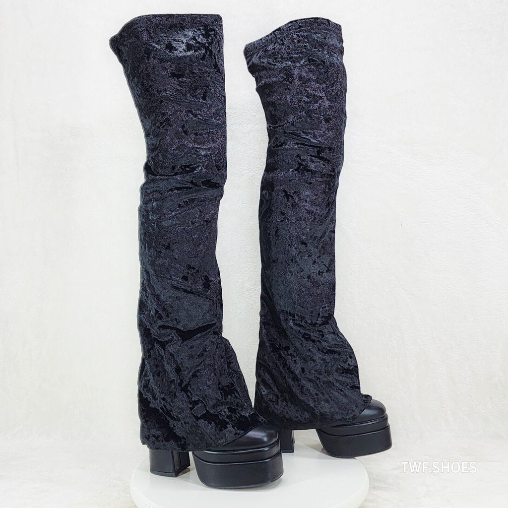 Unique Thigh High Black Velvet Fold over Skirted Chunky Heel Platform Boots - Totally Wicked Footwear