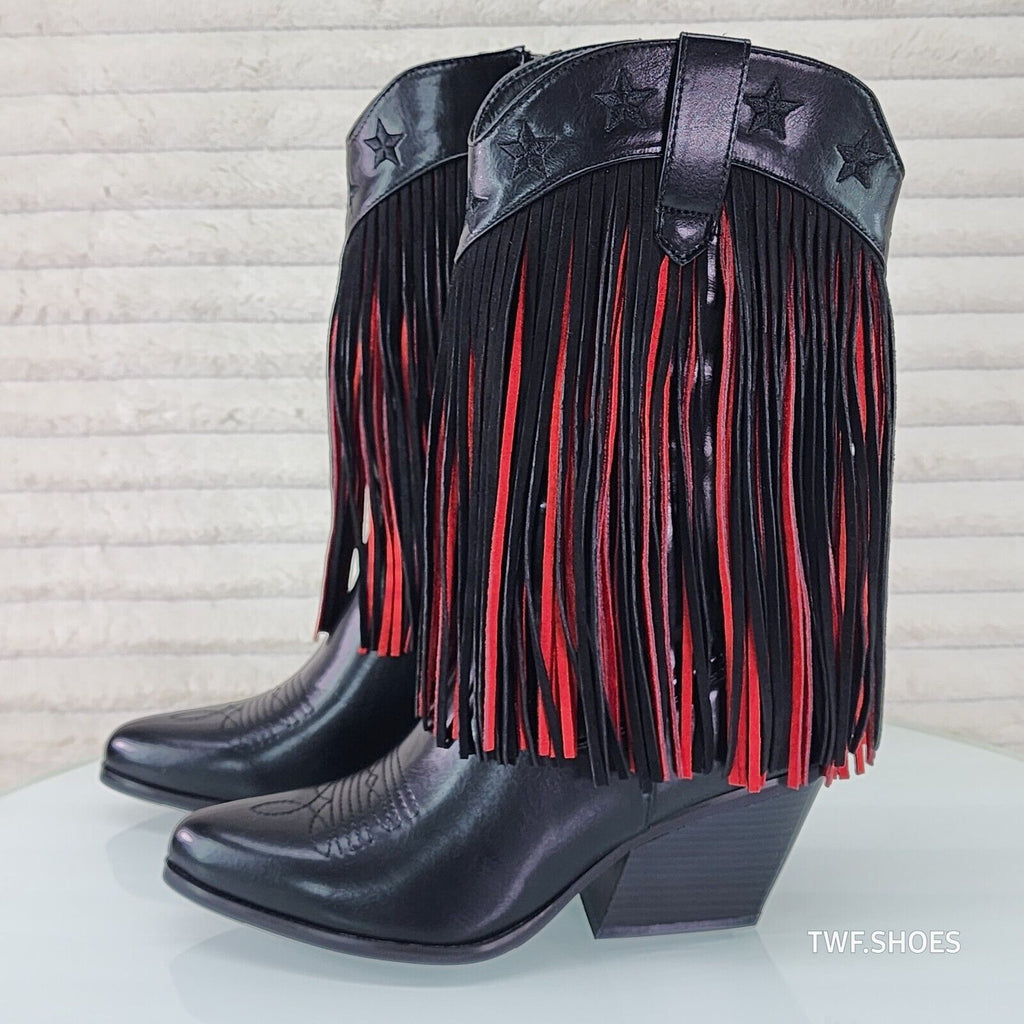 Dusty Roads Mid Calf Black and Red Fringe Country Western Cowgirl Boots - Totally Wicked Footwear