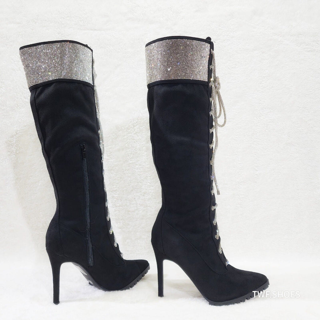 Queens FX Suede & Rhinestone Pointy Toe High Heels Stiletto Lace Up Knee Boots - Totally Wicked Footwear