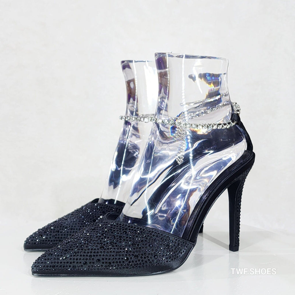 Simply Sexy Slip on Ankle Bracelet Black Rhinestone Pointy Toe High Heels Shoes - Totally Wicked Footwear