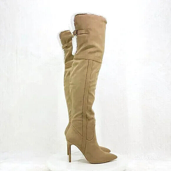 Cozy Craze Taupe Nubuck Over The Knee Fleece High Heel Thigh Boots - Totally Wicked Footwear