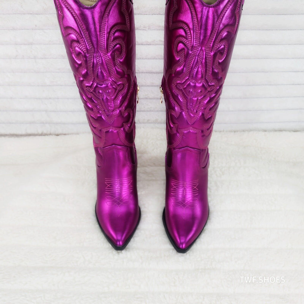 Electric Cowboy Metallic Matte Western Knee High Cowgirl Boots Hot Fuchsia Pink - Totally Wicked Footwear