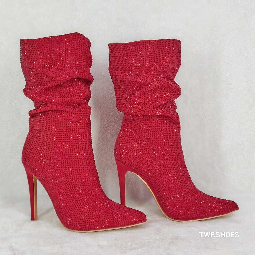 Resolve Sparkling Red Rhinestone High Heel Slouch Calf Boots New Years Bling - Totally Wicked Footwear