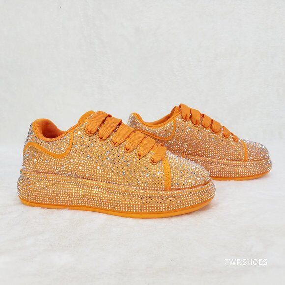 Dazzle Cush Orange Rhinestone Comfy Platform Sneakers Tennis Shoes - Totally Wicked Footwear