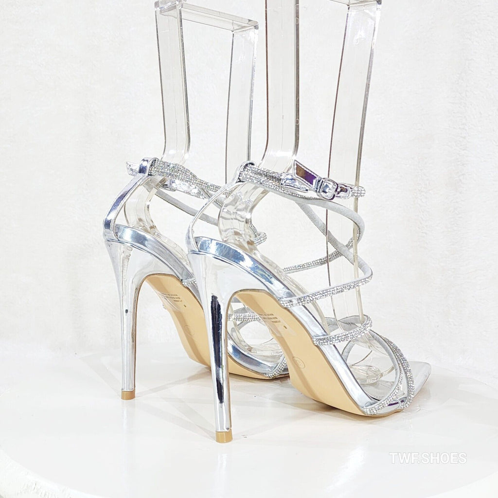Party Town Silver Metallic Strappy Rhinestone Pointy Toe High Heels - Totally Wicked Footwear