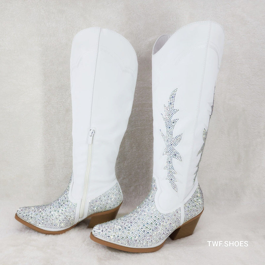 Annie White Leatherette With Rhinestones Country Glam Western Cowgirl Knee Boots - Totally Wicked Footwear