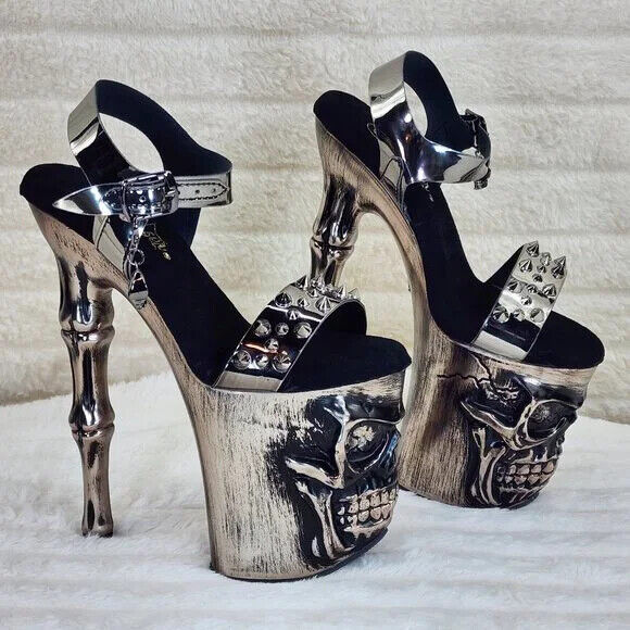 Rapture Silver Pewter Spike Skull & Bones LED 8" High Heel Platform Shoes NY - Totally Wicked Footwear