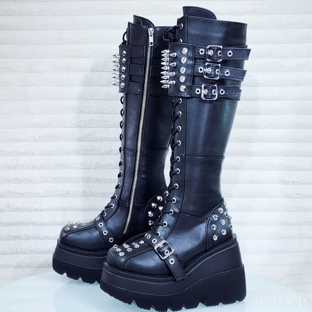 Shaker 225 Black Matte Platform 4.5" Wedge Heel Spiked Knee Boots NY DEMONIA - Totally Wicked Footwear