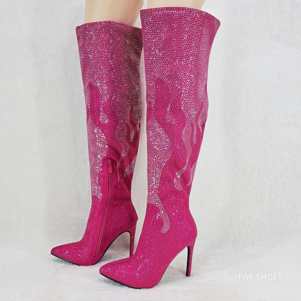 Fiery Desire Hot Fuchsia Pink Rhinestone Flame Detail Sexy OTK Thigh Boots - Totally Wicked Footwear