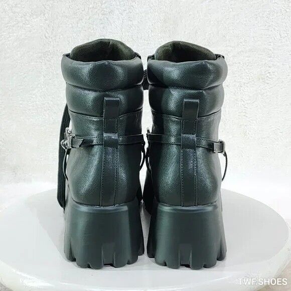 Emo Stomp 2" Platform Stomper Ankle Boots With Chain Design Faux Leather Green - Totally Wicked Footwear