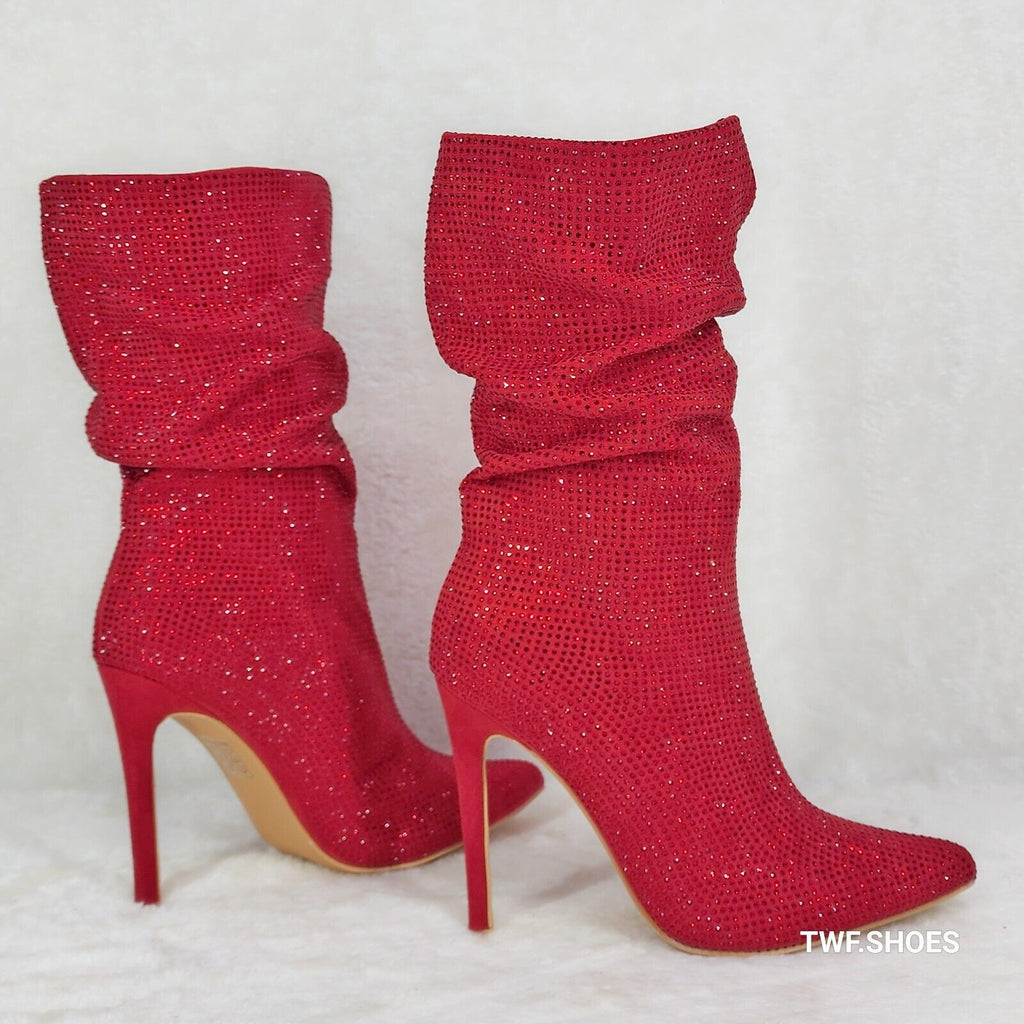 Resolve Sparkling Red Rhinestone High Heel Slouch Calf Boots New Years Bling - Totally Wicked Footwear