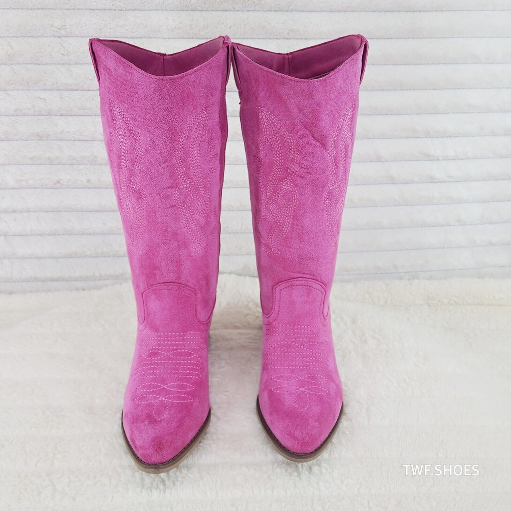 Wild Ones Fuchsia Pink Faux Suede Pull On Mid Calf Cowboy Cowgirl Boots - Totally Wicked Footwear
