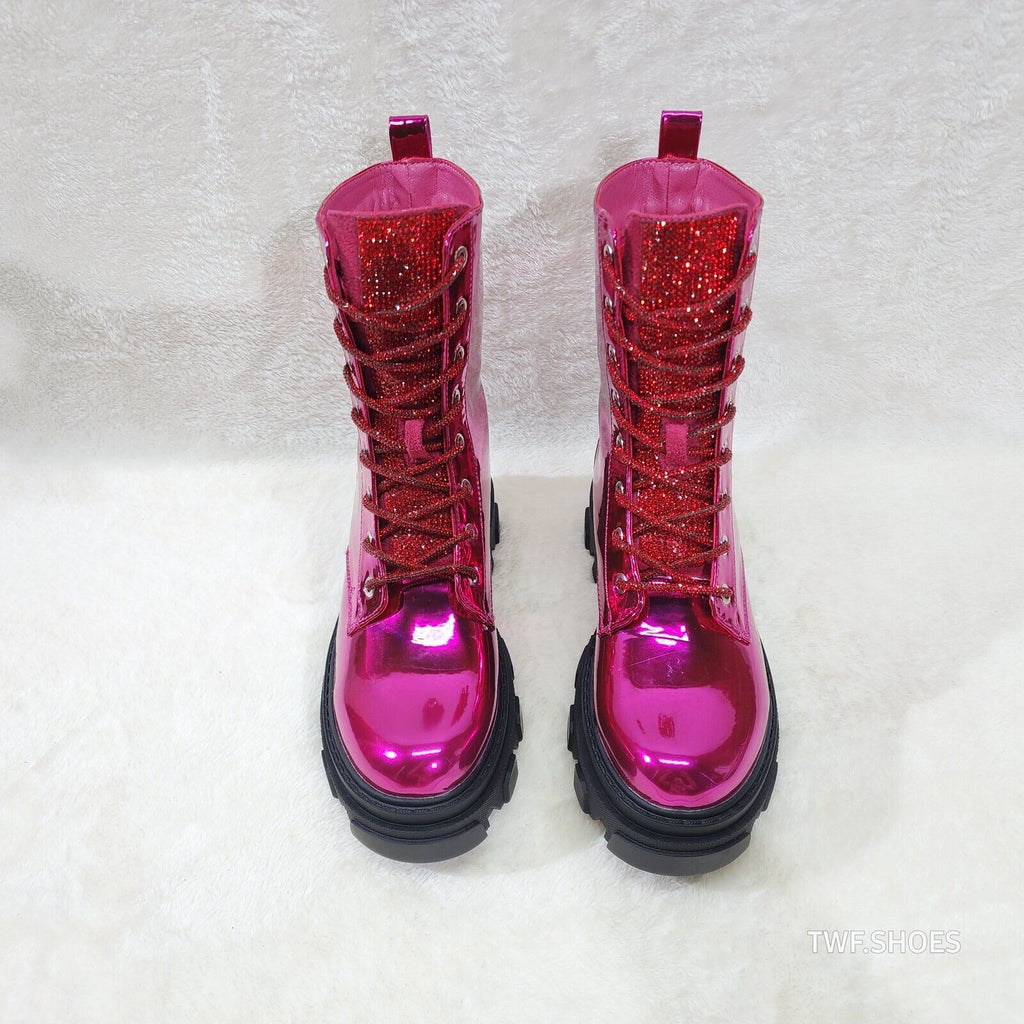 Rowan Metallic Pink Combat Ankle Boots Iridescent Rhinestone Tongue & Rope Laces - Totally Wicked Footwear