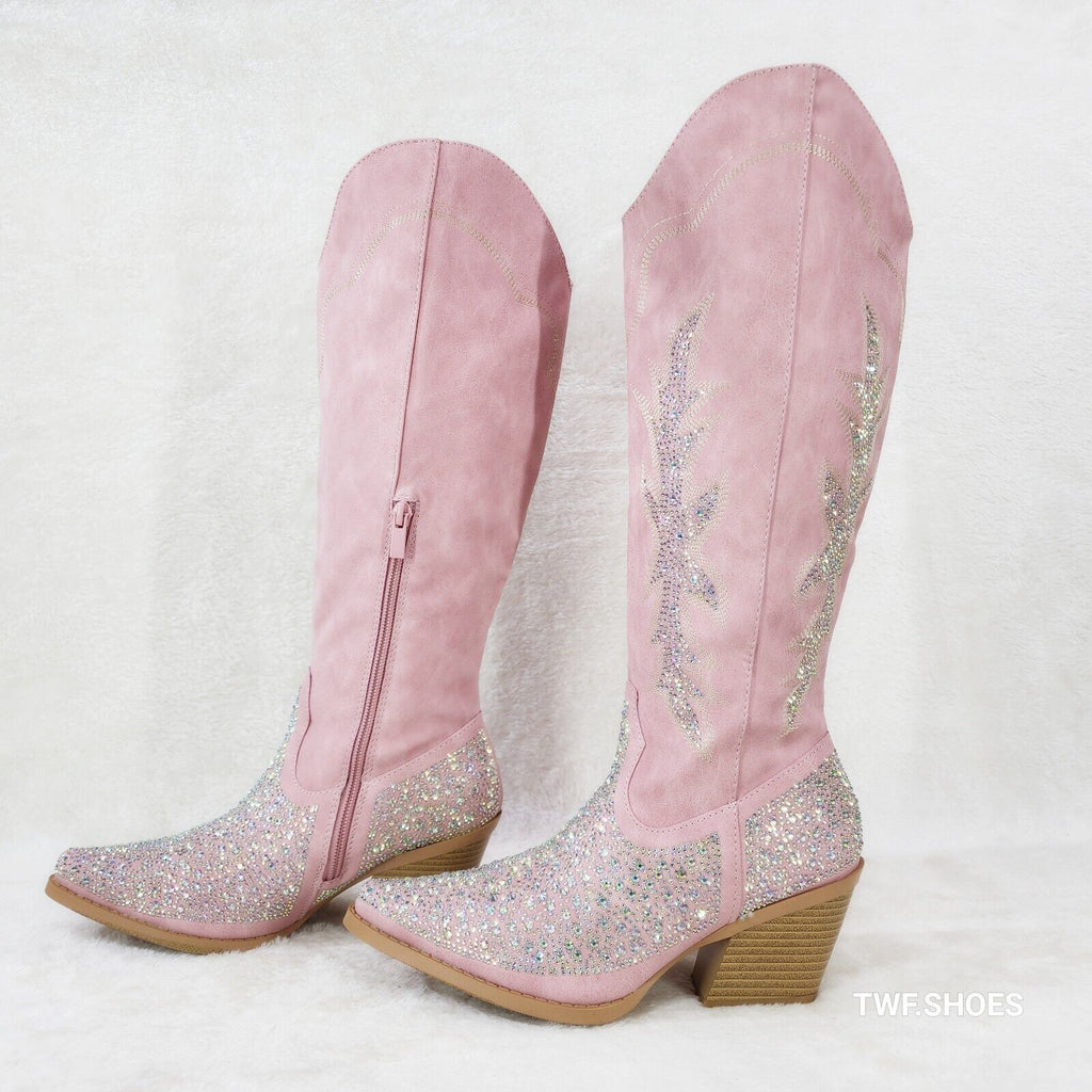 Annie Pink Leatherette With Rhinestones Country Glam Western Cowgirl Knee Boots - Totally Wicked Footwear