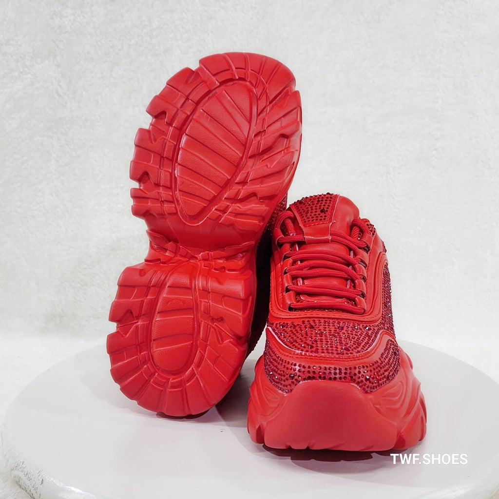 Cush Sport Rhinestone Comfy Platform Light Weight Sneakers Red - Totally Wicked Footwear