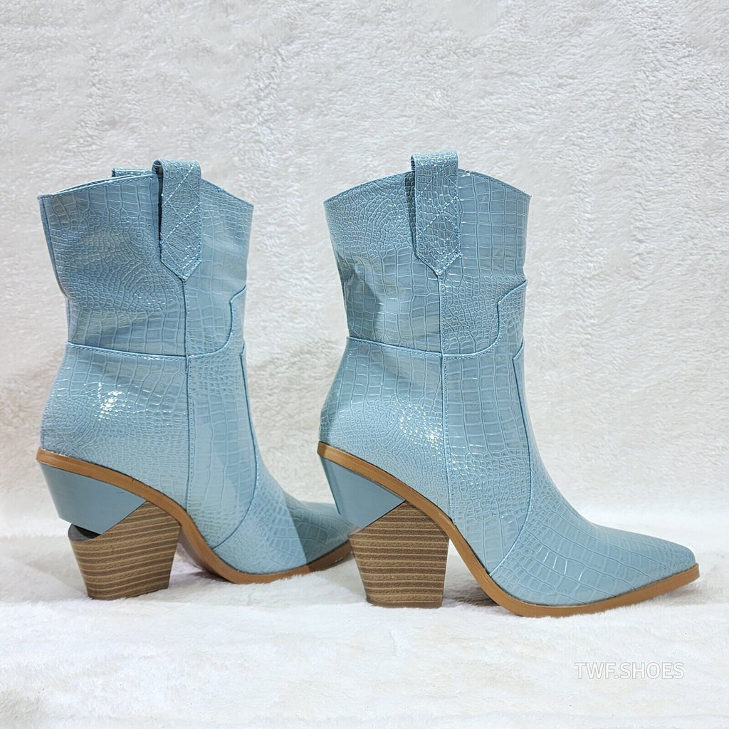 Twisted Blue Patent Country Western Cowgirl Ankle Boots 2 Tone Split Cut Heels - Totally Wicked Footwear