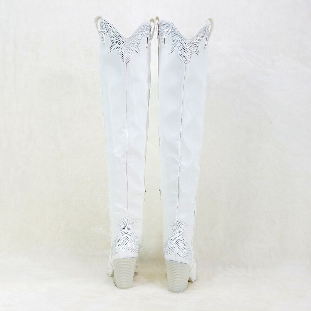 Primal Country Western Sexy White OTK Thigh Boots With Rhinestone Trims - Totally Wicked Footwear