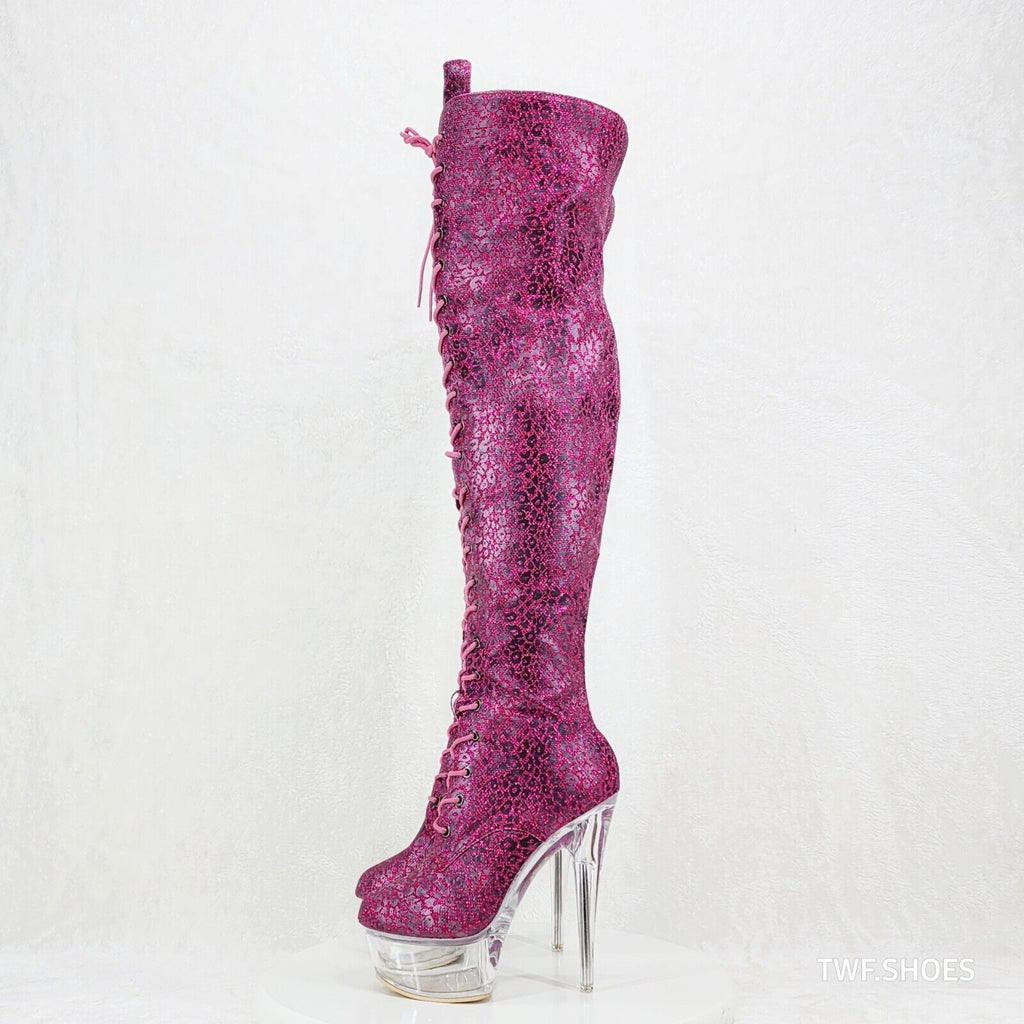 Bulls Purple Glitter Leopard Print OTK Clear Platform High Heel Thigh Boots - Totally Wicked Footwear