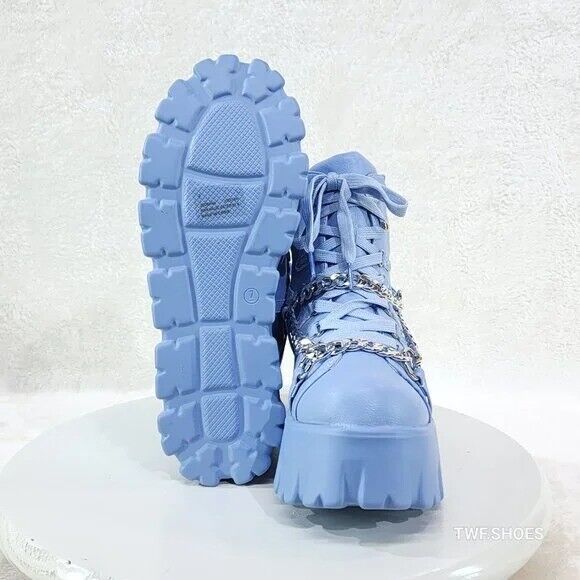Emo Stomp 2" Platform Stomper Ankle Boots With Chain Design Baby Blue - Totally Wicked Footwear