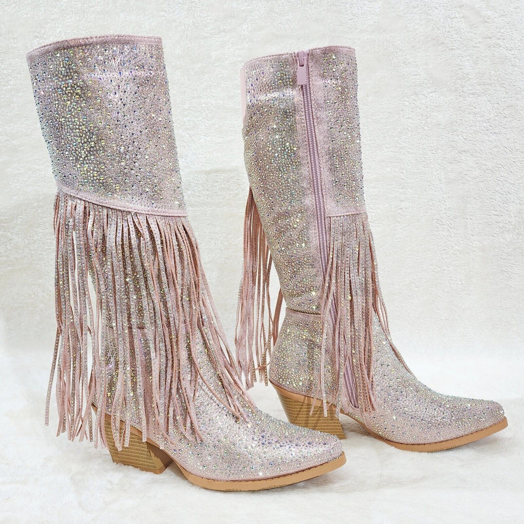 Western Diva Baby Pink Asymmetrical Fringe Rhinestone Glam Cowgirl Boots - Totally Wicked Footwear