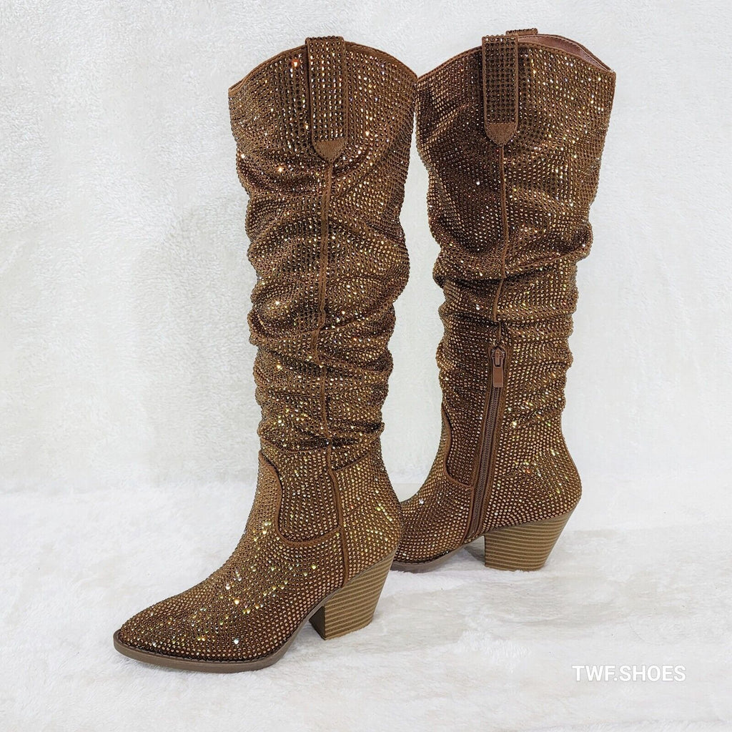 Angel Rider Brown W/ Rhinestones Country Glam Western Cowgirl Slouch Knee Boots - Totally Wicked Footwear