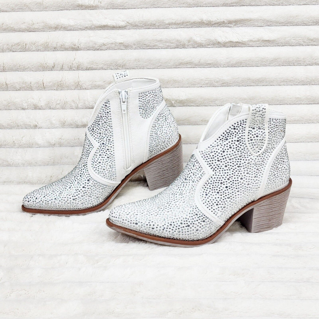 Wild Ones White Glamour Cowboy Rhinestone Cowgirl Ankle Booties Boots - Totally Wicked Footwear