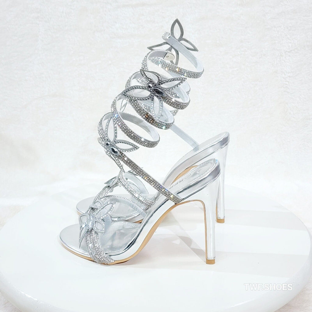 Fly Girl 2 Silver Upper Rhinestone Butterfly Wrap Strap 4" Stiletto High Heels - Totally Wicked Footwear