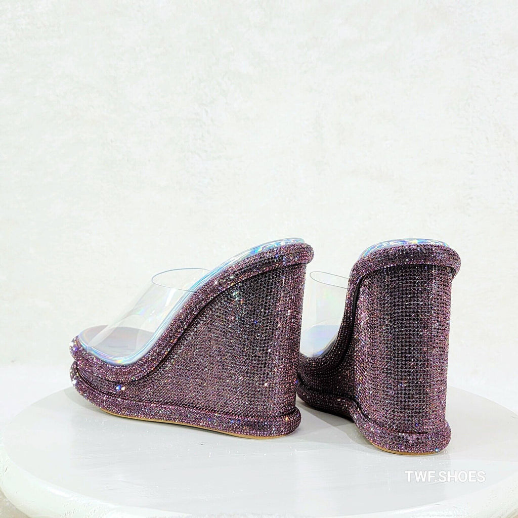 Zesty Purple Hologram Rhinestone Platform Wedge Heel Slip On Sandals - Totally Wicked Footwear