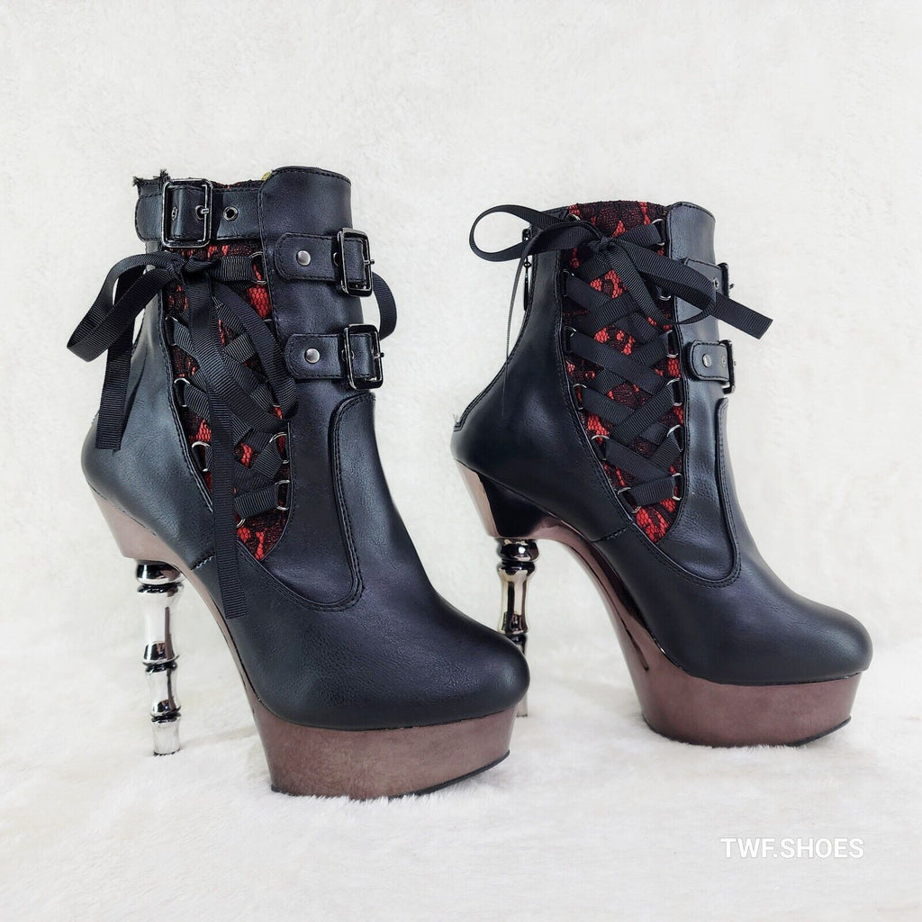 Muerto 1033 Red Lace Panel Finger Bone High Heel Platform Ankle Boots In House - Totally Wicked Footwear