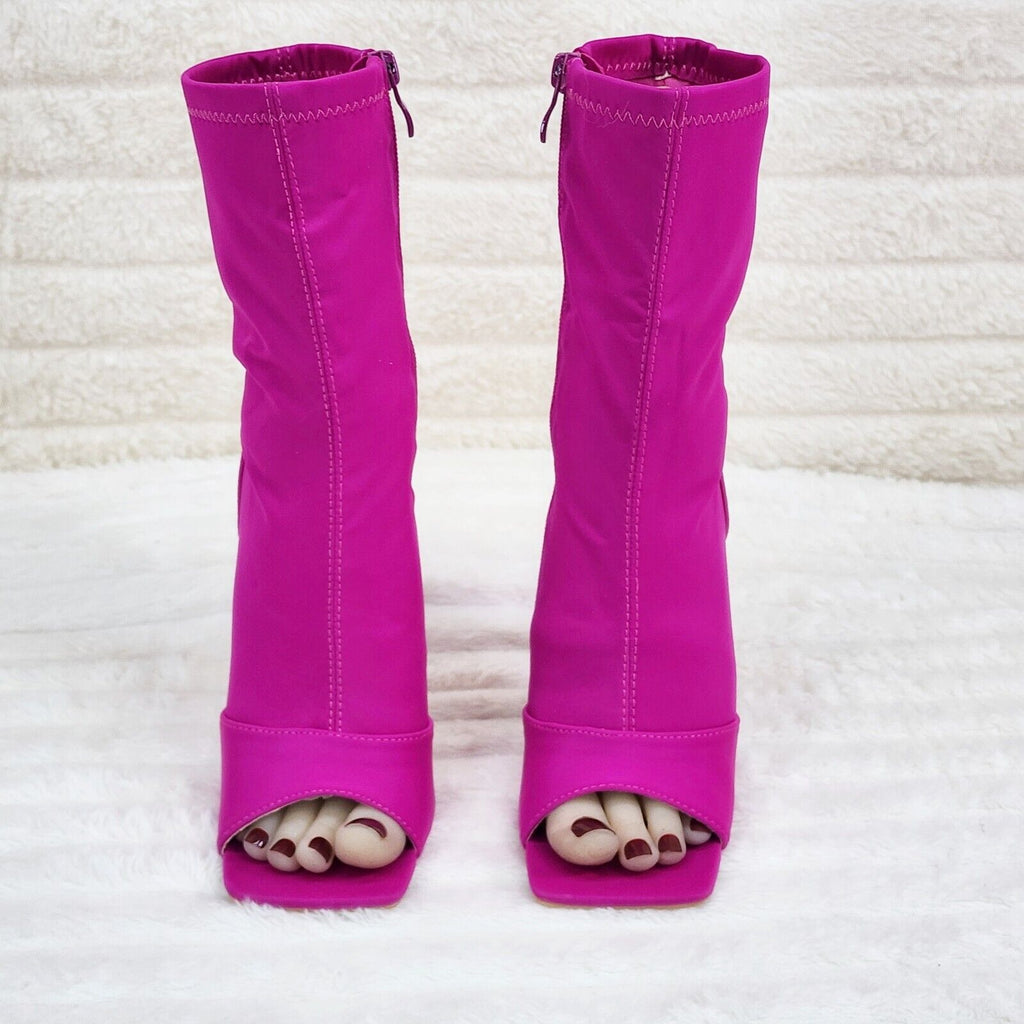 Bold Bright Fuchsia Pink Stretch Square Open Toe High Heel Ankle Boots - Totally Wicked Footwear