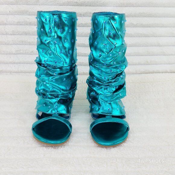 Fabulous Metallic Green Mermaid Upper & Rhinestones Sandal Slouch Boots Shooties - Totally Wicked Footwear