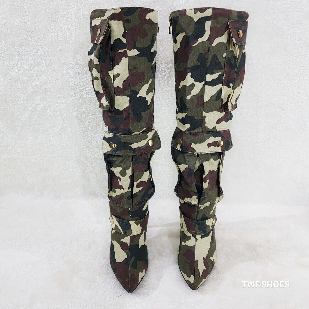 Army Girlz Canvas Camouflage Camo Cargo Knee High Stiletto Heel Boots - Totally Wicked Footwear