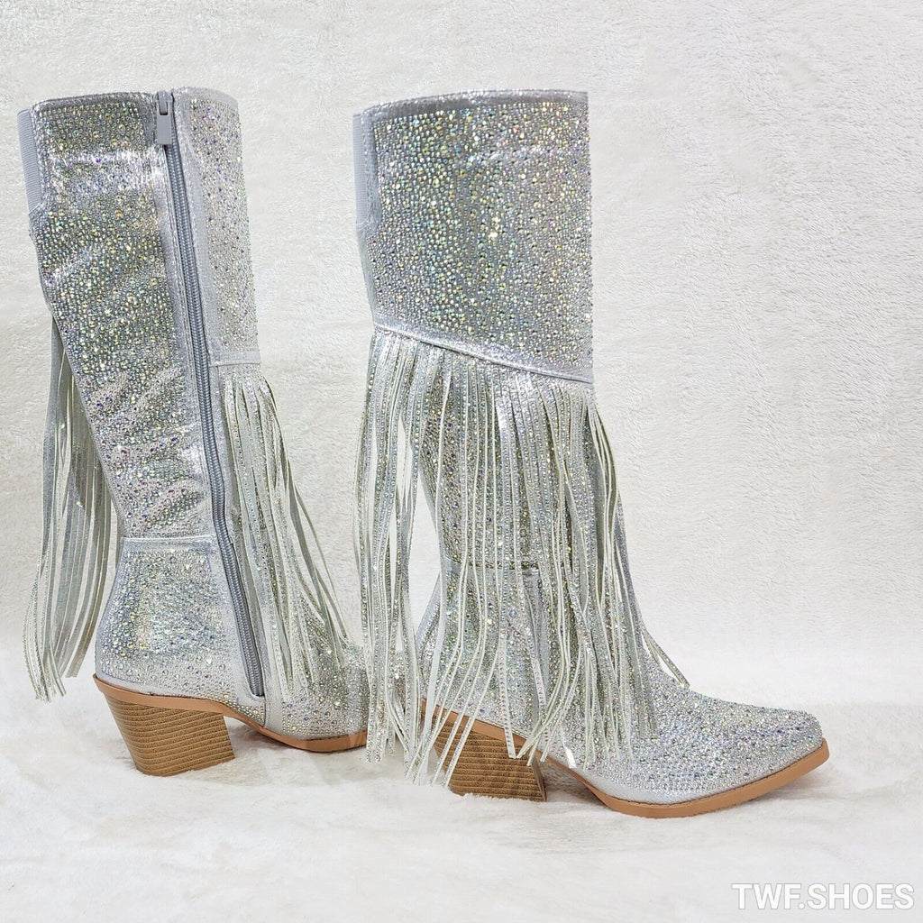 Western Diva Silver Asymmetrical Fringe Rhinestone Glam Cowgirl Boots - Totally Wicked Footwear