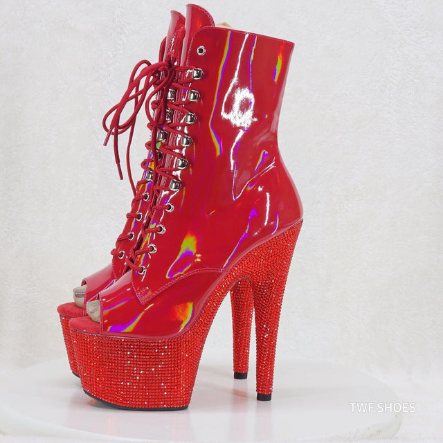 Bejeweled Red Rhinestone Platform Lace Up Ankle Boots 7" High Heels IN HOUSE - Totally Wicked Footwear