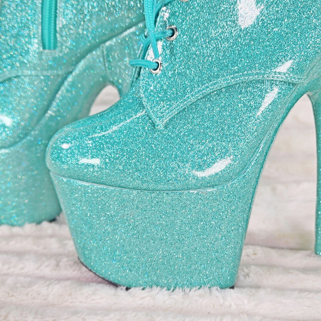 Adore 1020GP AQUA Blue Glitter Patent  7" High Heel Platform Ankle Boots NY - Totally Wicked Footwear