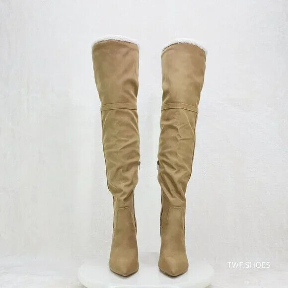 Cozy Craze Taupe Nubuck Over The Knee Fleece High Heel Thigh Boots - Totally Wicked Footwear