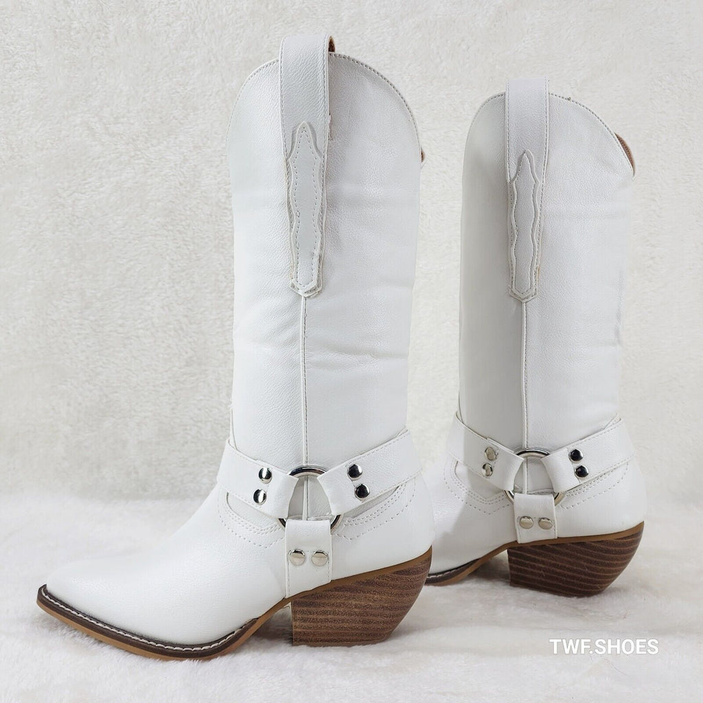 Western Rider Cut Harness White Leatherette Cowboy Pull On Country Cowgirl Boots - Totally Wicked Footwear