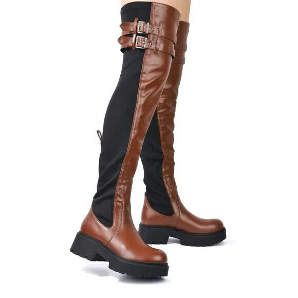 Techno Baby Brown Leatherette Spandex Stretch Panel Lug Sole Thigh High Boots - Totally Wicked Footwear