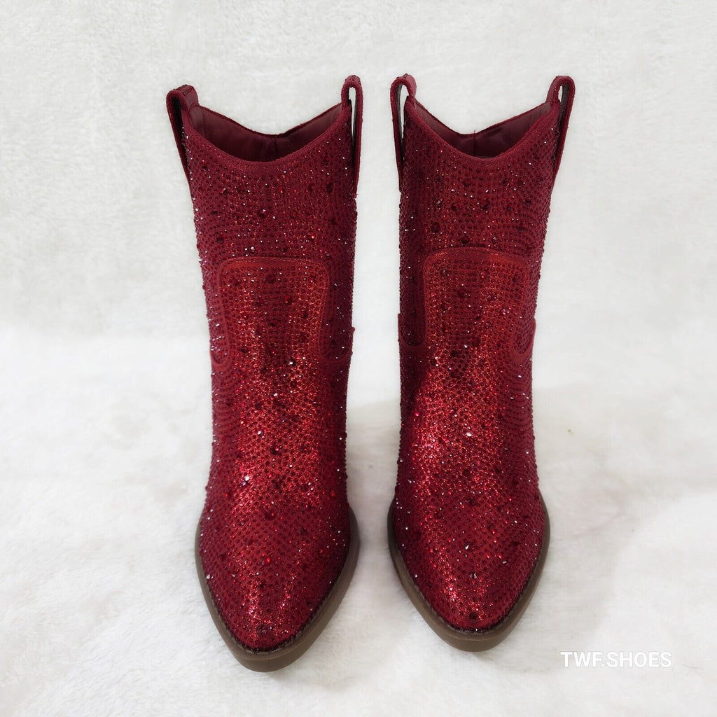 Dolly Red Rhinestone Glitter Disco Cowgirl Country Glam Western Ankle Boots - Totally Wicked Footwear