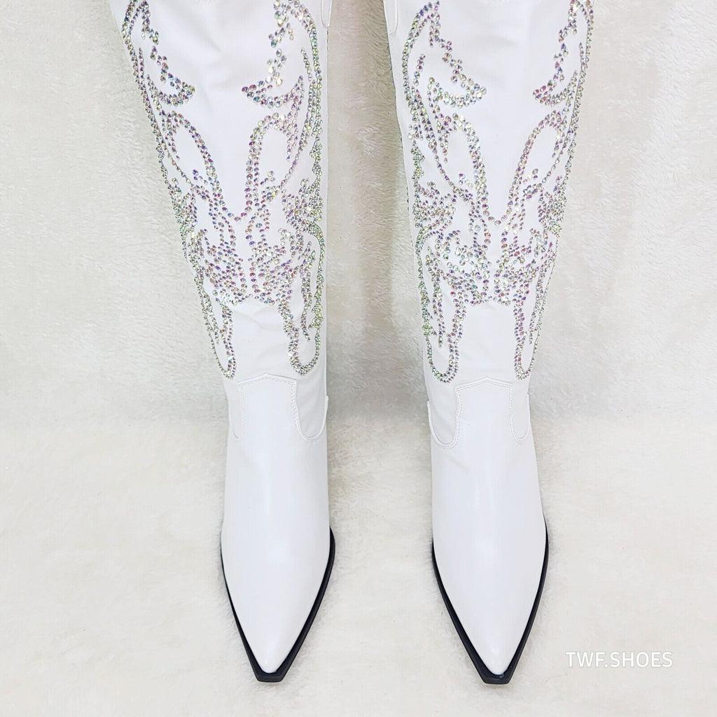 Razzle White Country Western Cowgirl Knee Boots Rhinestone Dazzle - Totally Wicked Footwear