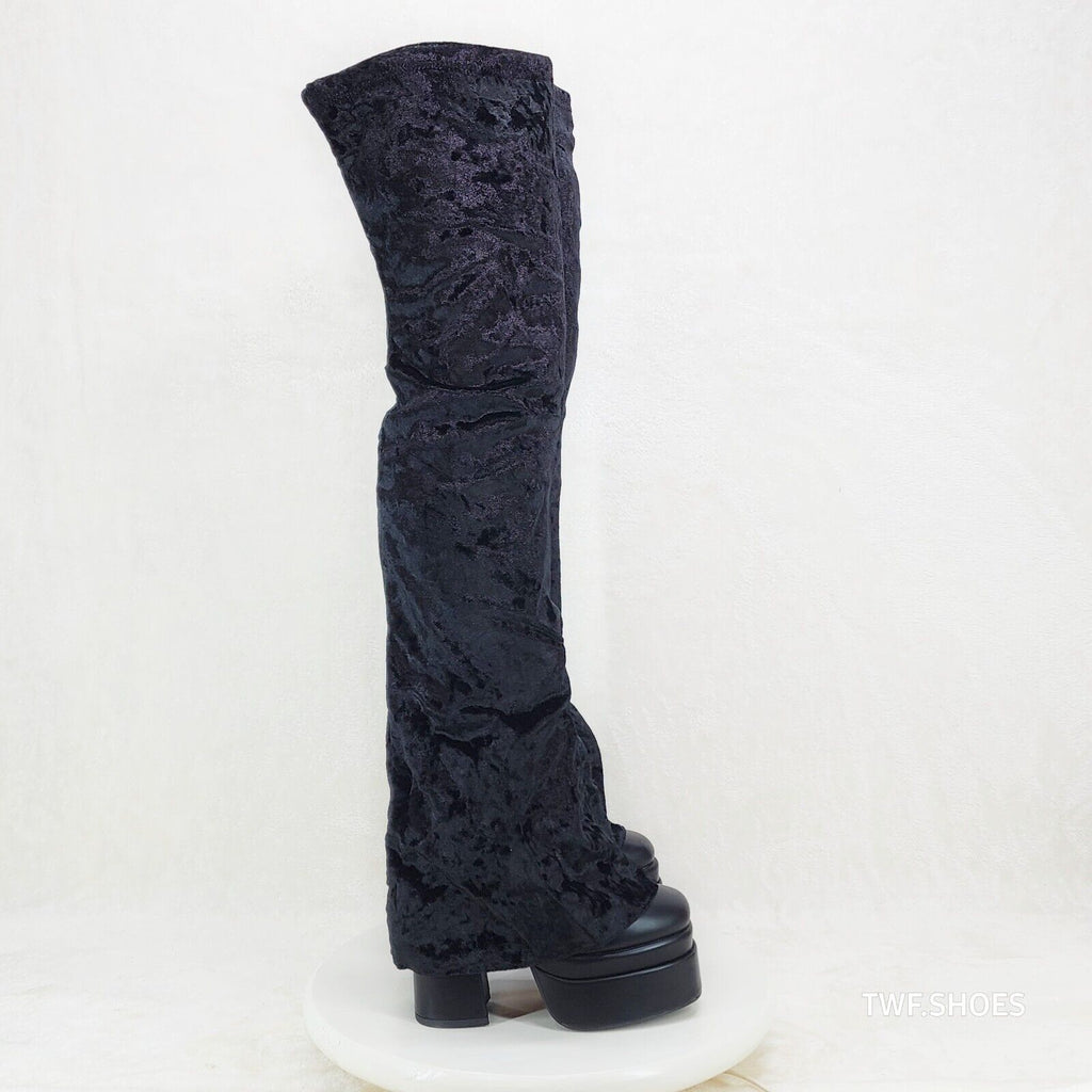 Unique Thigh High Black Velvet Fold over Skirted Chunky Heel Platform Boots - Totally Wicked Footwear